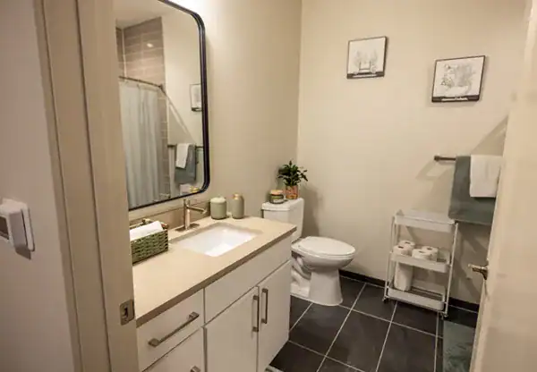 Park Morton unit modern bathroom with white vanity, toilet, and stylish decor for luxury living